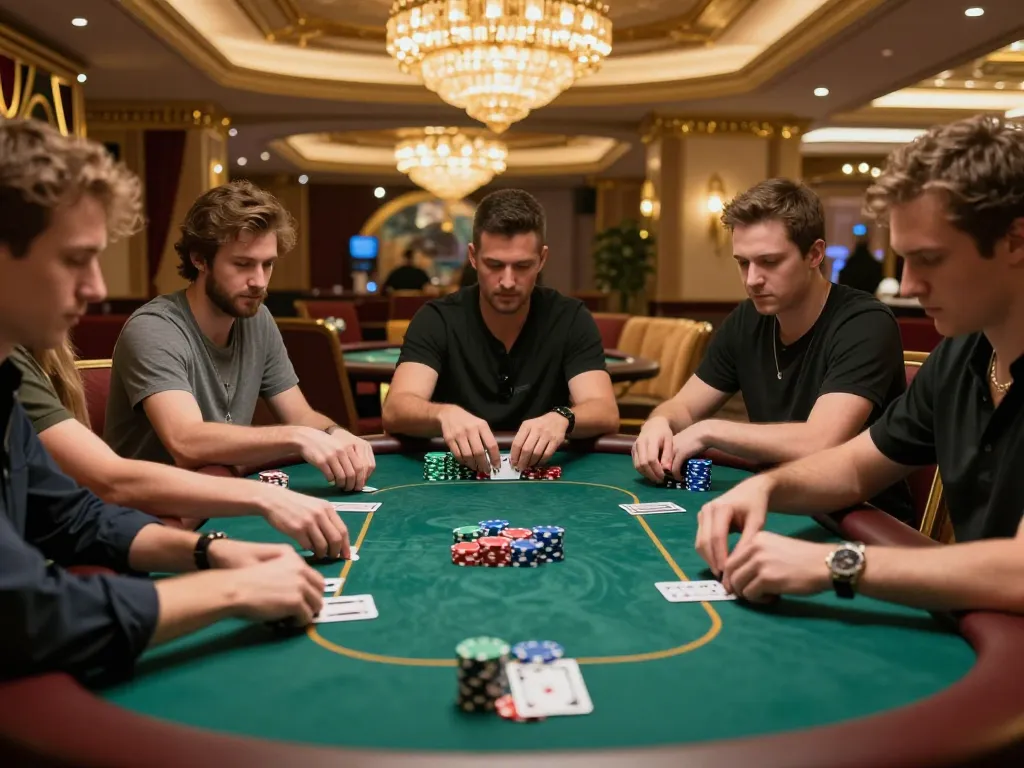 I9BET players strategizing at a luxury poker table with colorful chips and elegant surroundings.