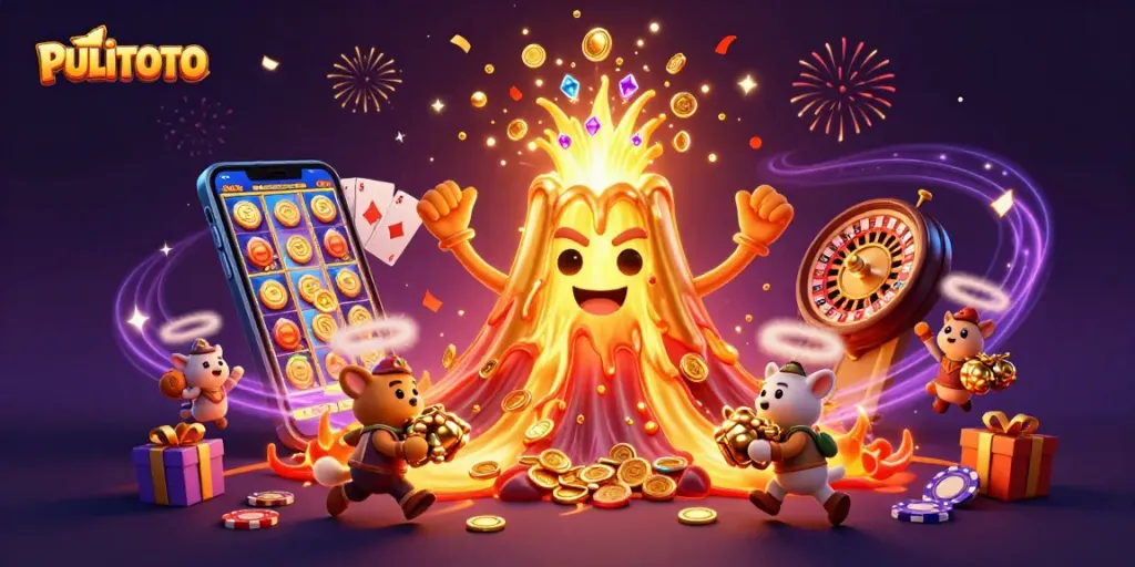 PULITOTO casino scene showcasing a jubilant volcano eruption of gold coins and treasures amidst vibrant gambling elements