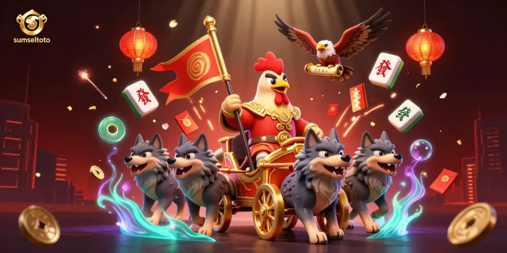 Experience excitement with sumseltoto as a rooster warlord leads his troops in a vibrant casino adventure.