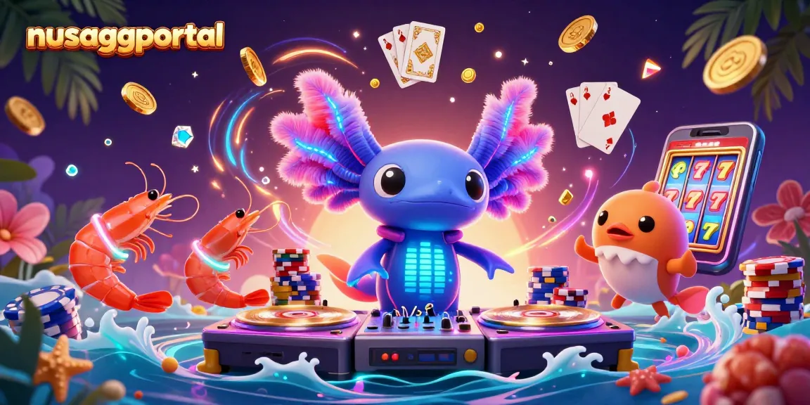 Nusaggportal showcases vibrant 3D action with a neon axolotl DJ and casino elements.