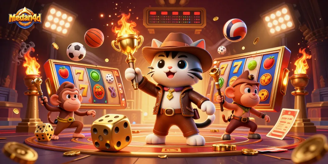 Memenangkan jackpot di medan4d dengan penjaga kucing penjelajah dan monyet pembawa obor dalam kuil kasino emas.