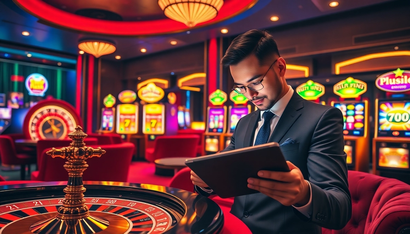 Bettor using berlian888 login interface on a tablet at a luxurious casino with vibrant slot machines.