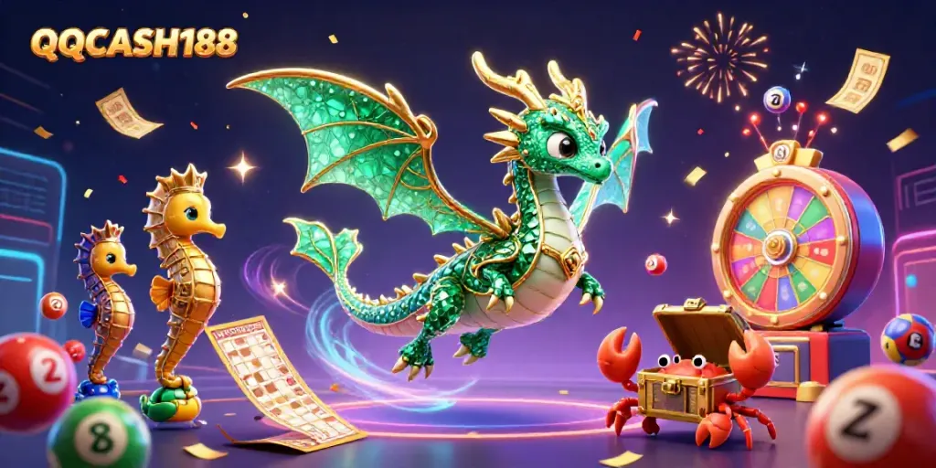 Engage with QQCASH188's vibrant casino experience featuring a whimsical sea dragon and lively gambling elements.