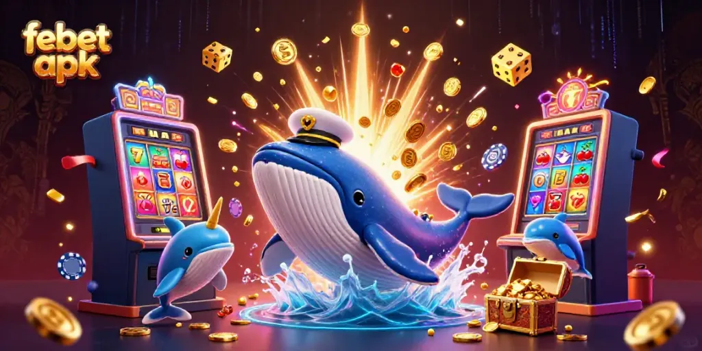 Experience the excitement of febet apk as a massive cartoon whale brings in a jackpot explosion while dolphins play with poker chips.