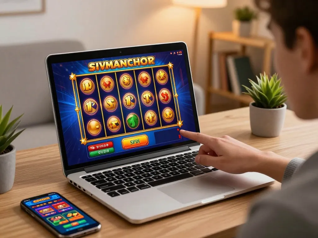 Engaging online gameplay at OKESLOT with vibrant slot game graphics on a laptop.