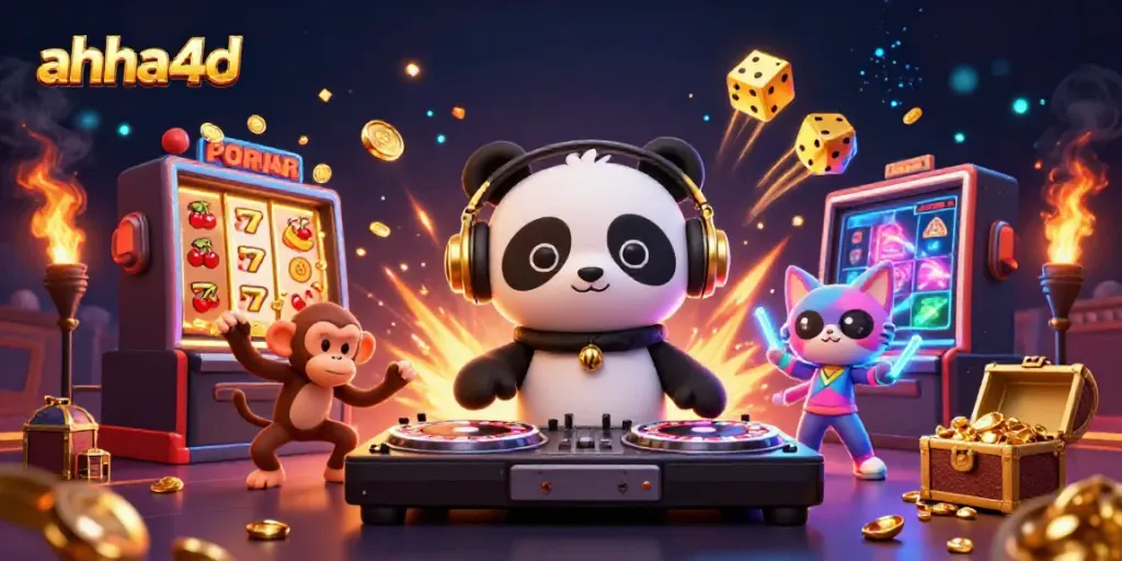 Tangkap aksi di AHHA4D saat panda DJ berputar di roda roulette, dikelilingi oleh elemen permainan kasino.