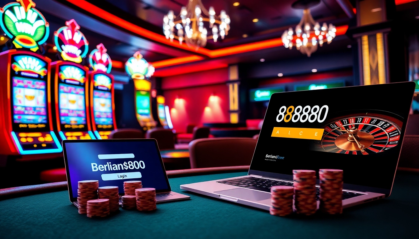 Berlian888 login interface displayed on a laptop, surrounded by casino elements like poker chips and slot machines.