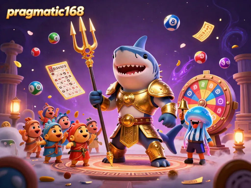 Engage in adventure with pragmatic168, illustrated by a tiger shark in a gladiator arena, vibrant game elements surrounding.