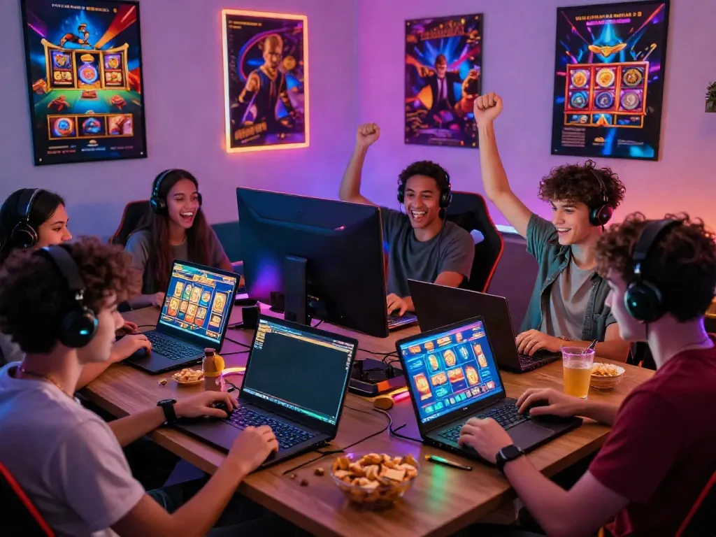Friends enjoying a lively gaming session with slot 4D games, illuminated by colorful LED lights.