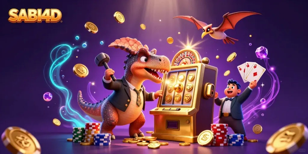 Visual SABI4D menampilkan pachycephalosaurus beraksi pada mesin slot, dikelilingi koin emas dan dekorasi kasino.