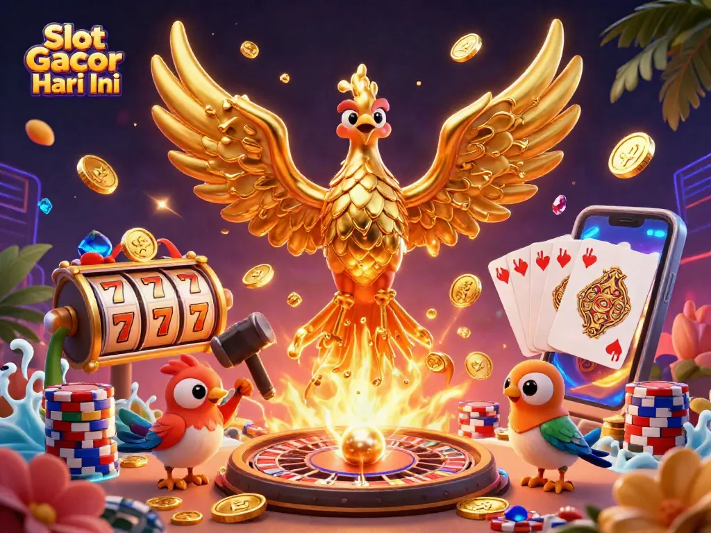 Mainkan Slot Gacor Hari Ini dengan simbol keberuntungan dan koin emas yang mempesona.
