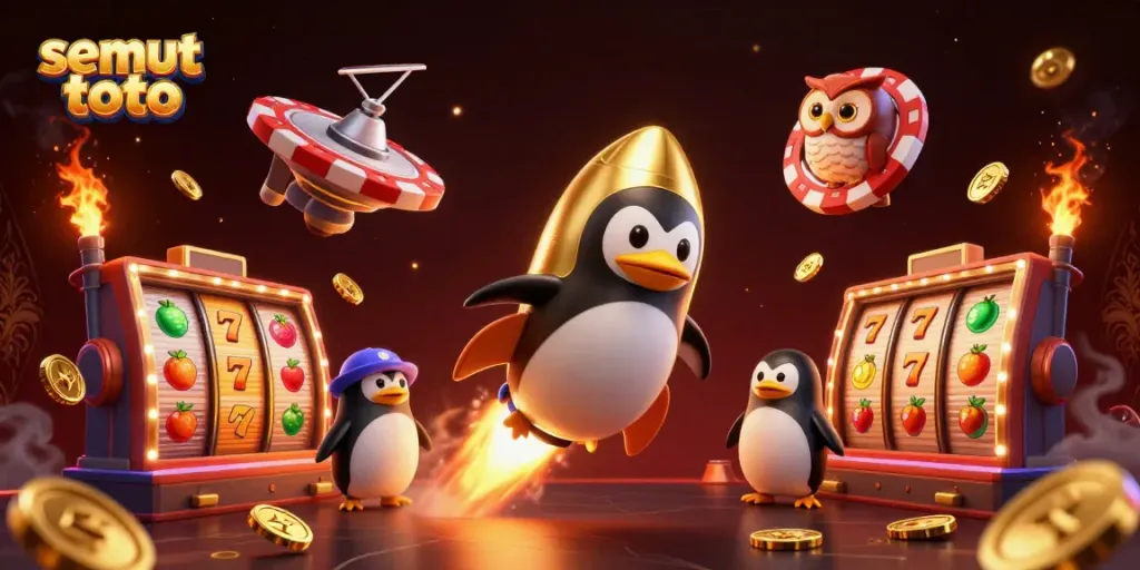 Semut toto beraksi dengan penguin emas dan elemen kasino yang glamor.