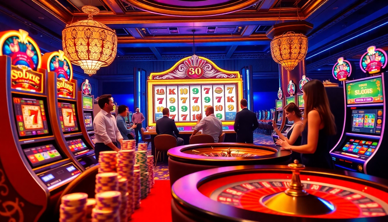 Gamblers enjoying slot88 resmi games with vibrant slot machines and colorful chips in a luxurious casino.