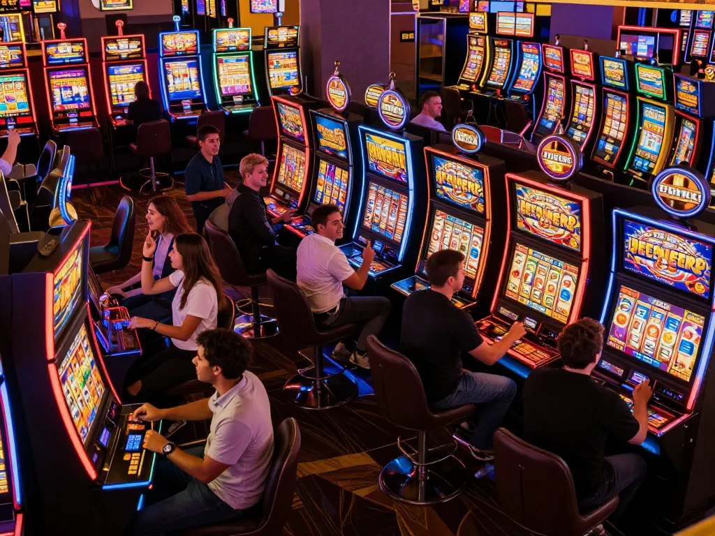 Players enjoying the vibrant Menu of slot machines in a lively casino atmosphere.