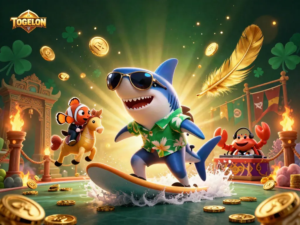 Engage in the excitement of TOGELON with animated characters celebrating on a wave of gold coins.
