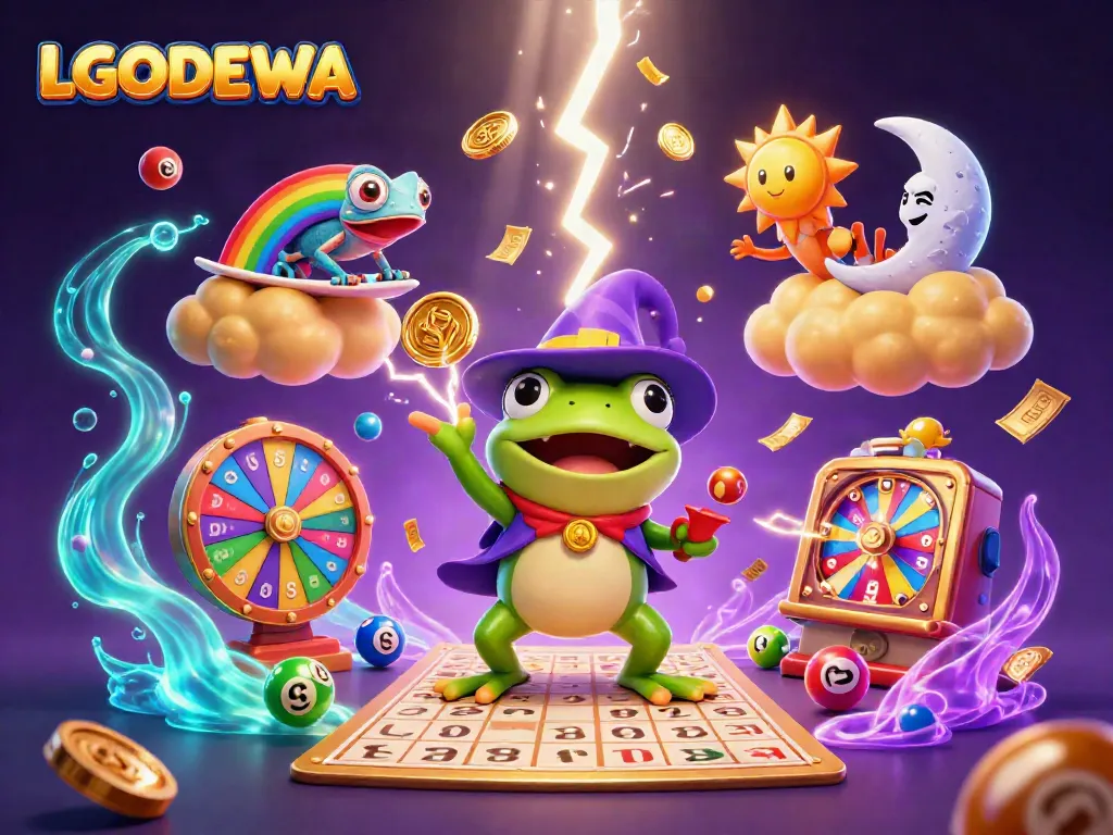 Experience the magic of LGODEWA with a wizard frog and chameleon amidst golden coins and lottery excitement.