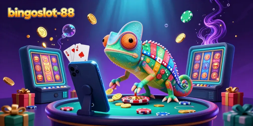 Masukkan koin emas ke dalam permainan di bingoslot-88 dengan chameleon kasino yang ceria.