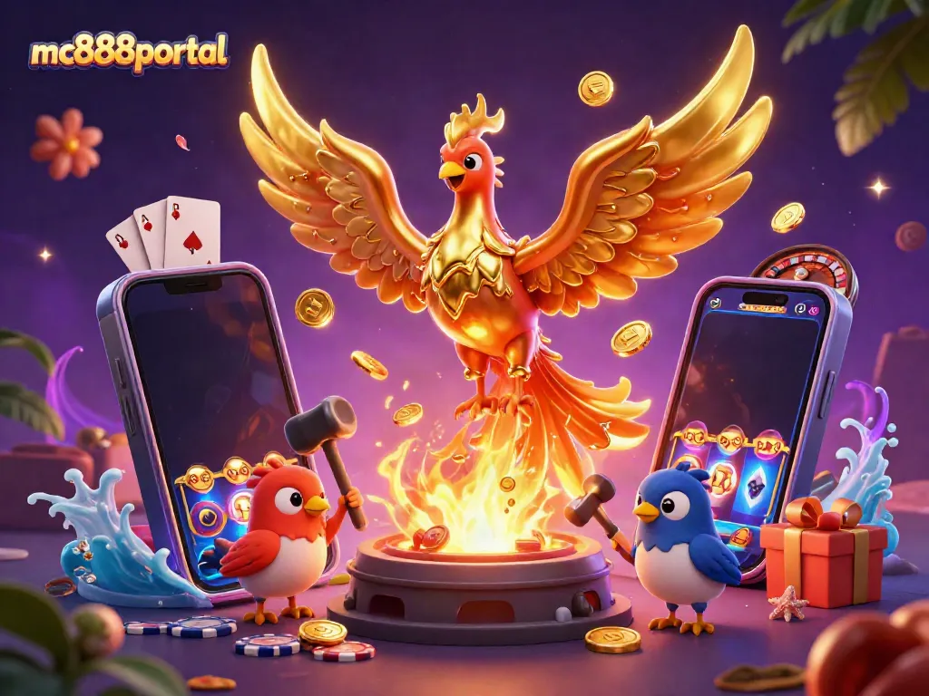 Menangkan jackpot dengan mc888portal yang menghadirkan ilustrasi mesin slot dan koin emas yang mengalir dari phoenix.