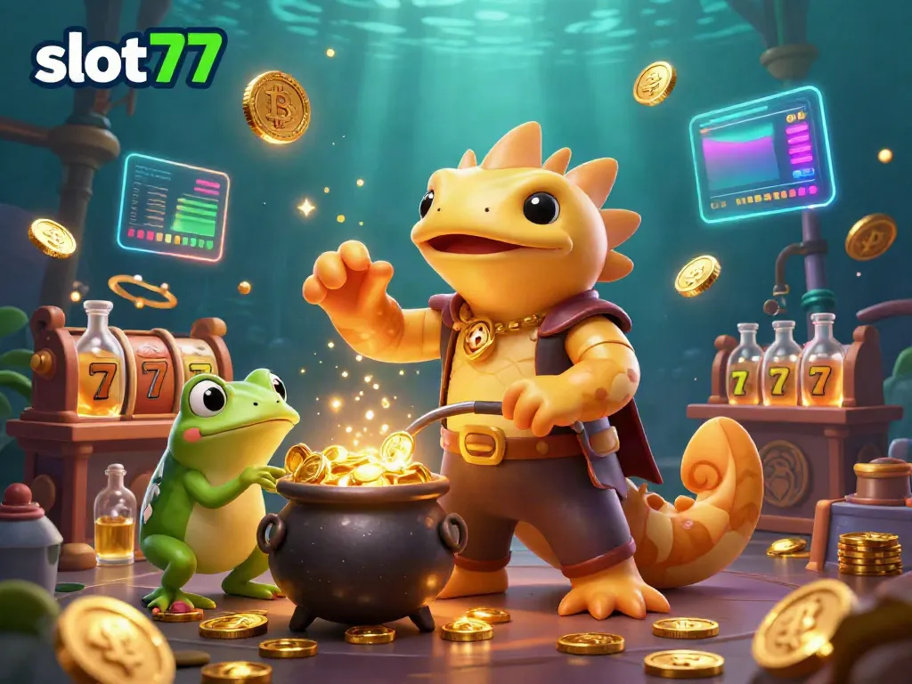 Menangkan permainan slot77 dengan jackpot dan koin emas dalam ilustrasi kasino yang memikat.