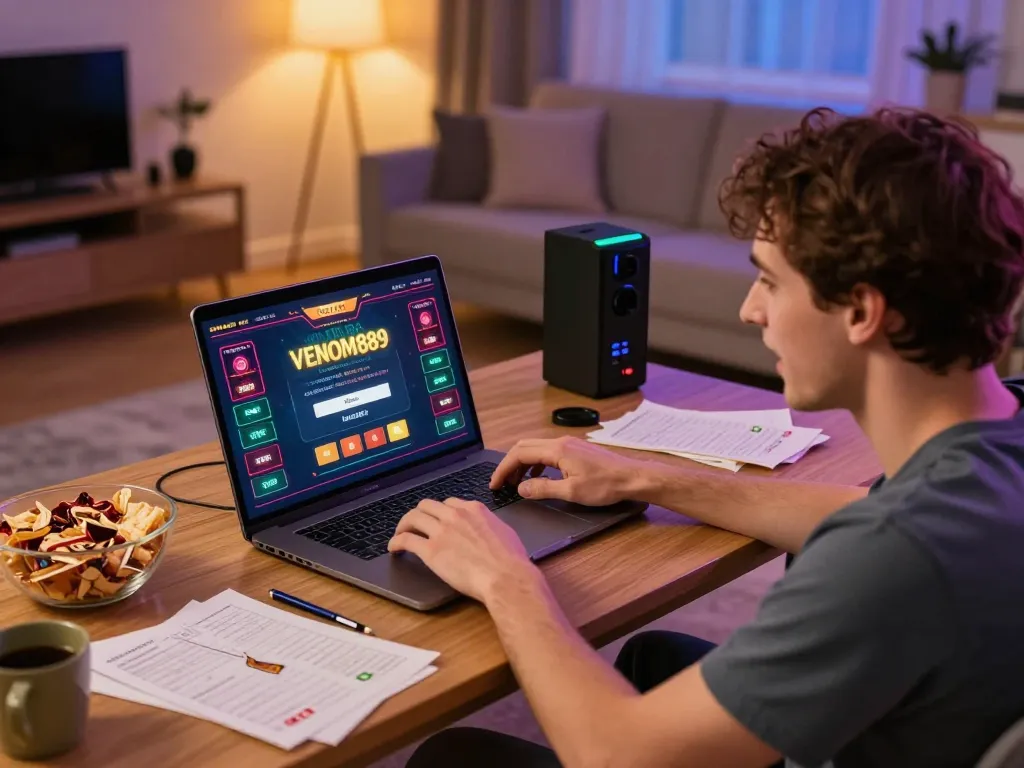 Player engaged in online gaming with VENOM889 Login on their laptop in a cozy home environment