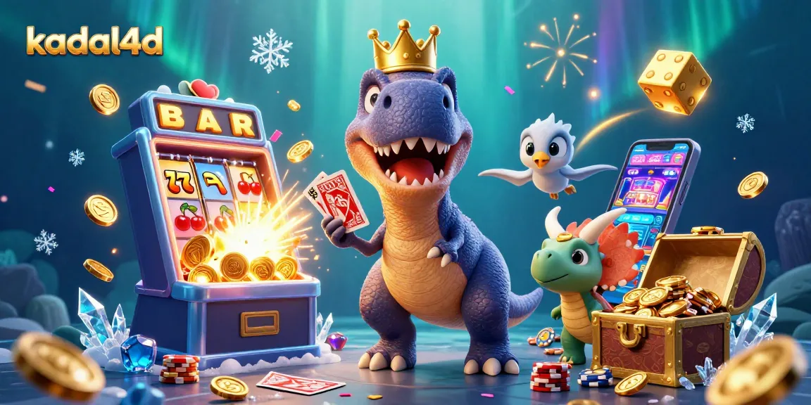 Kadal4d menghadirkan ilustrasi 3D kartun dengan karakter dino yang ramah sedang bermain slot dan mengumpulkan koin.
