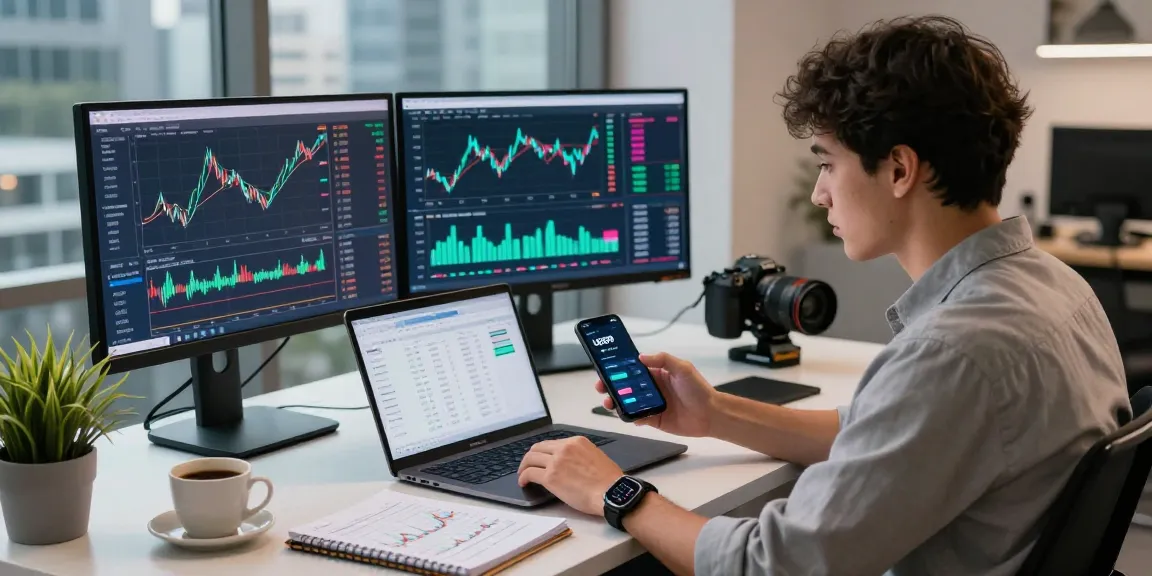 Seorang profesional muda dengan aplikasi UE99 di smartphone, fokus pada analisis pasar crypto di monitor modern.
