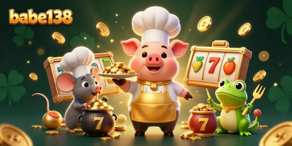 Menyajikan pengalaman bermain dengan babe138, ilustrasi kasino yang menampilkan koki babi, mouse sous-koki, dan katak kritikus di tengah slot dan simbol jackpot.