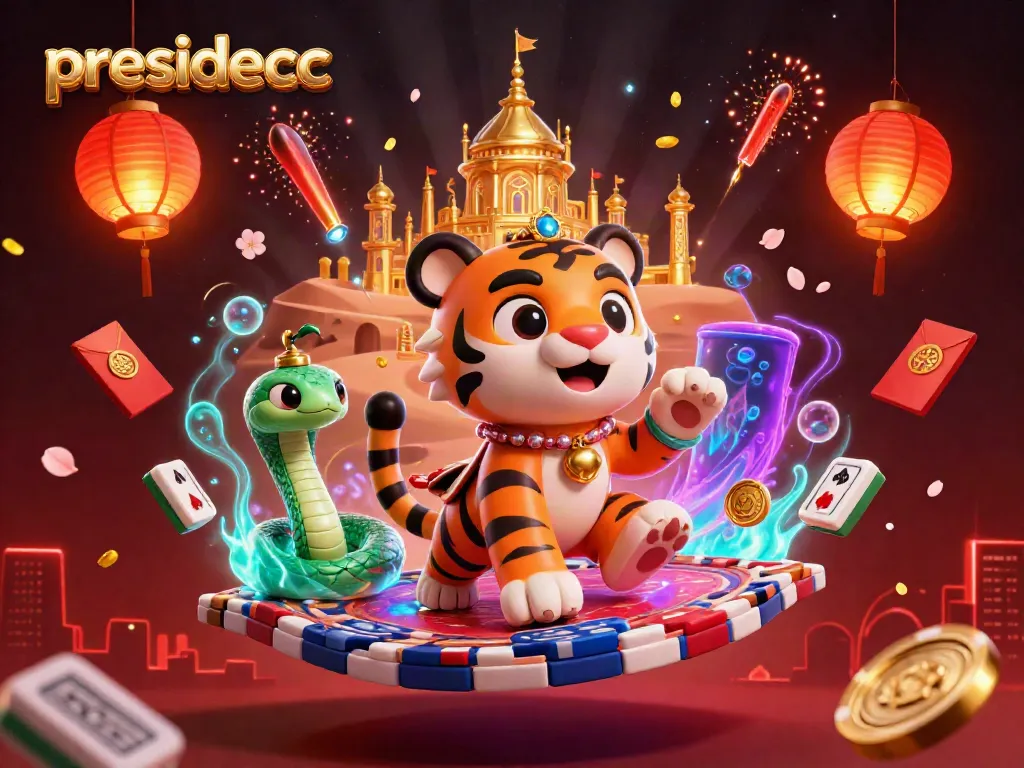 The presidencc site showcases a vibrant 3D scene with a tiger sultan on a flying carpet amidst dynamic casino-themed elements.