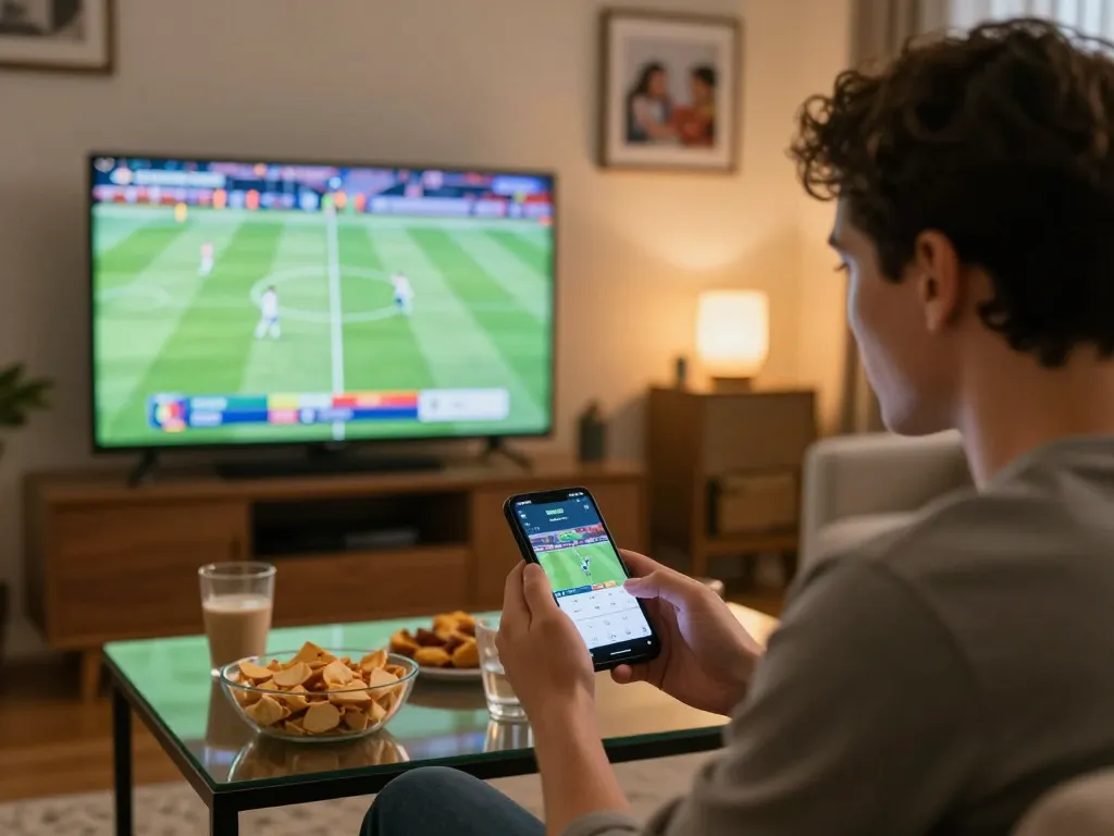 Engaging sports betting moment at home with BONGDALU app on smartphone.