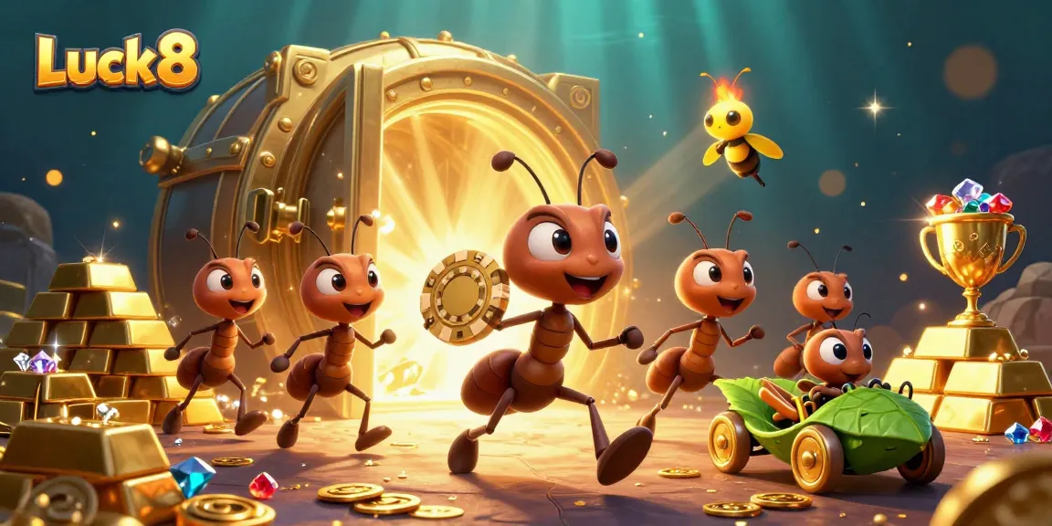 Engage in thrilling adventures with Luck8 as clever ants steal a giant poker chip in this vibrant casino illustration.
