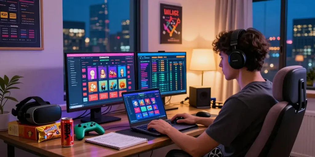 Engaging Seributoto online gambling setup in a cozy home office with vibrant gaming accessories and strategy notes.