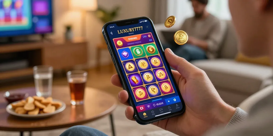 Pengguna sedang memainkan LUXURY777 Online dengan antarmuka aplikasi slot yang menarik, suasana santai di rumah.