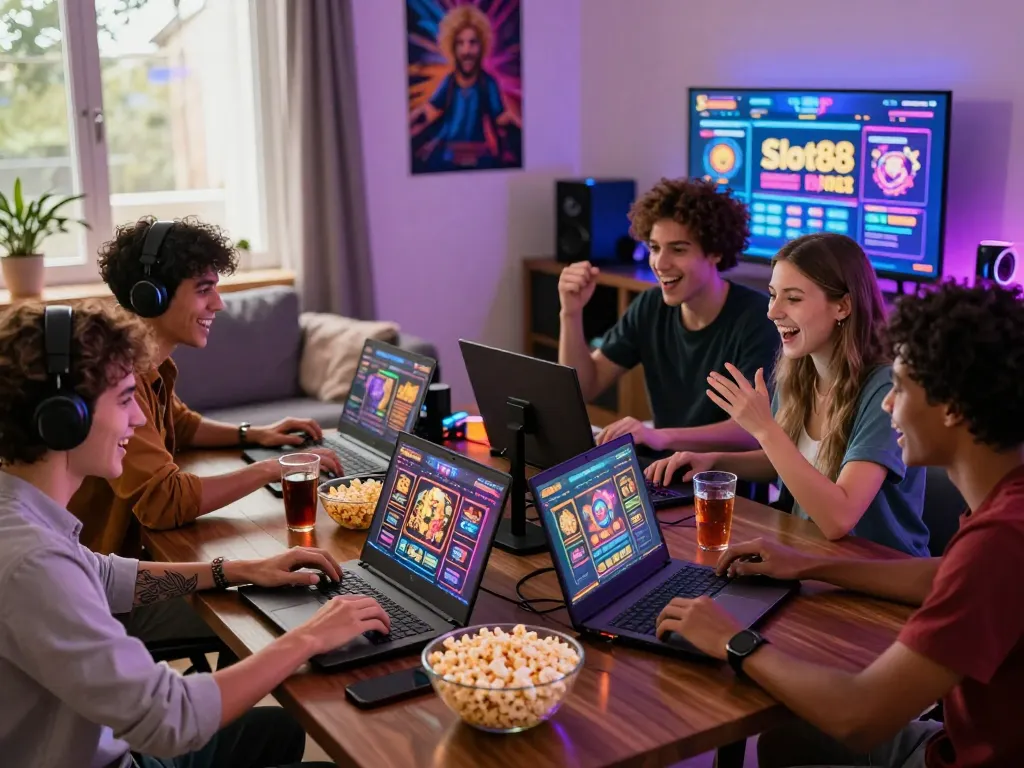 Friends enjoying an exciting gaming session with BIUSTOTO online slots in a vibrant living room.