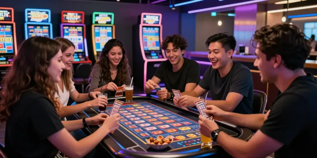 Pesta toto bersama teman di tempat modern, menampilkan excitement dan interaksi, alexistoto sebagai tema permainan