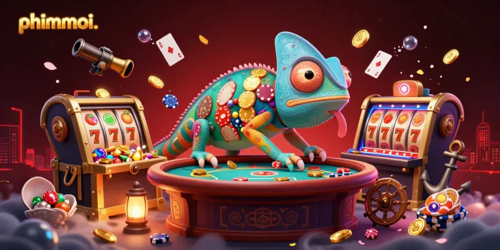 Experience the vibrant casino world of phimmoi ., where a chameleon owner interacts with spinning slots and gold treasures.