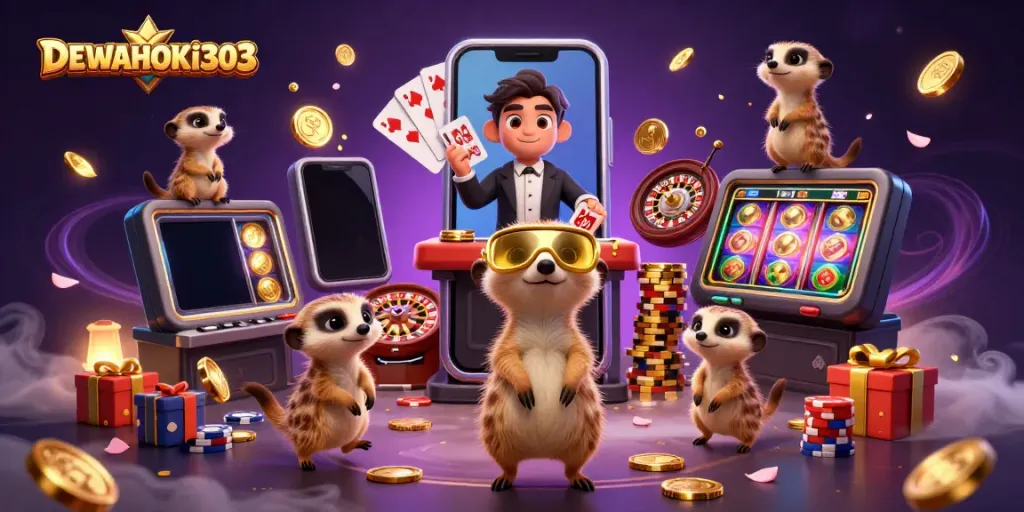 DEWAHOKI303 menyajikan suasana kasino ramai dengan meerkat beraksi di dunia game