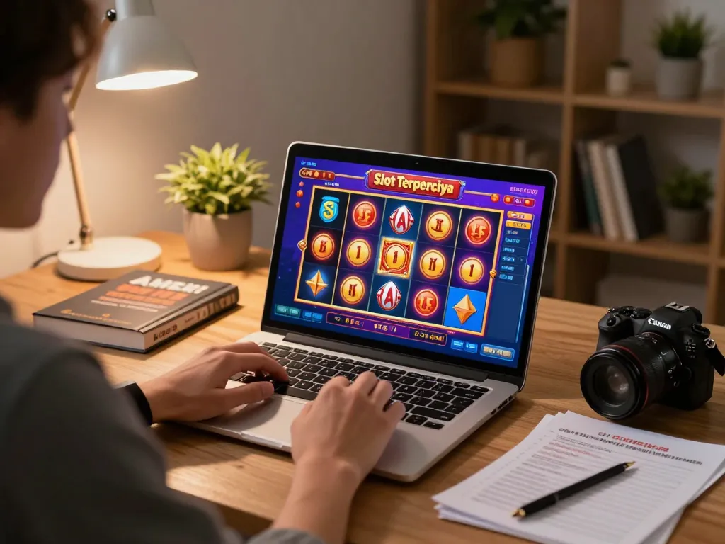 Engaging online gaming moment showcasing Slot Terpercaya gameplay with vibrant slot reels and cozy atmosphere.