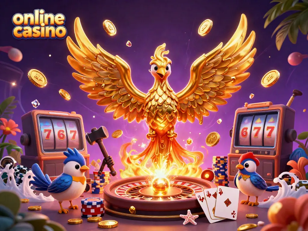 Play exciting online casino games surrounded by a golden phoenix, coins, and gaming elements.