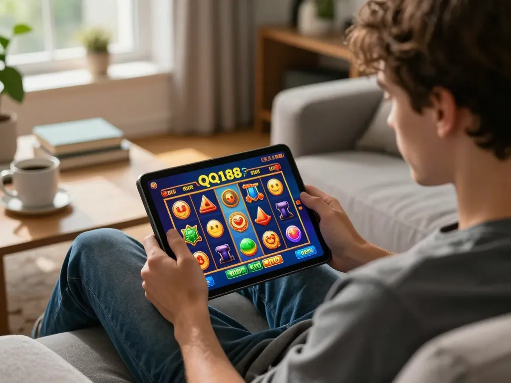 Pemain yang terlibat menikmati Slot QQ188 di tablet, suasana rumah yang nyaman dengan dekorasi modern.