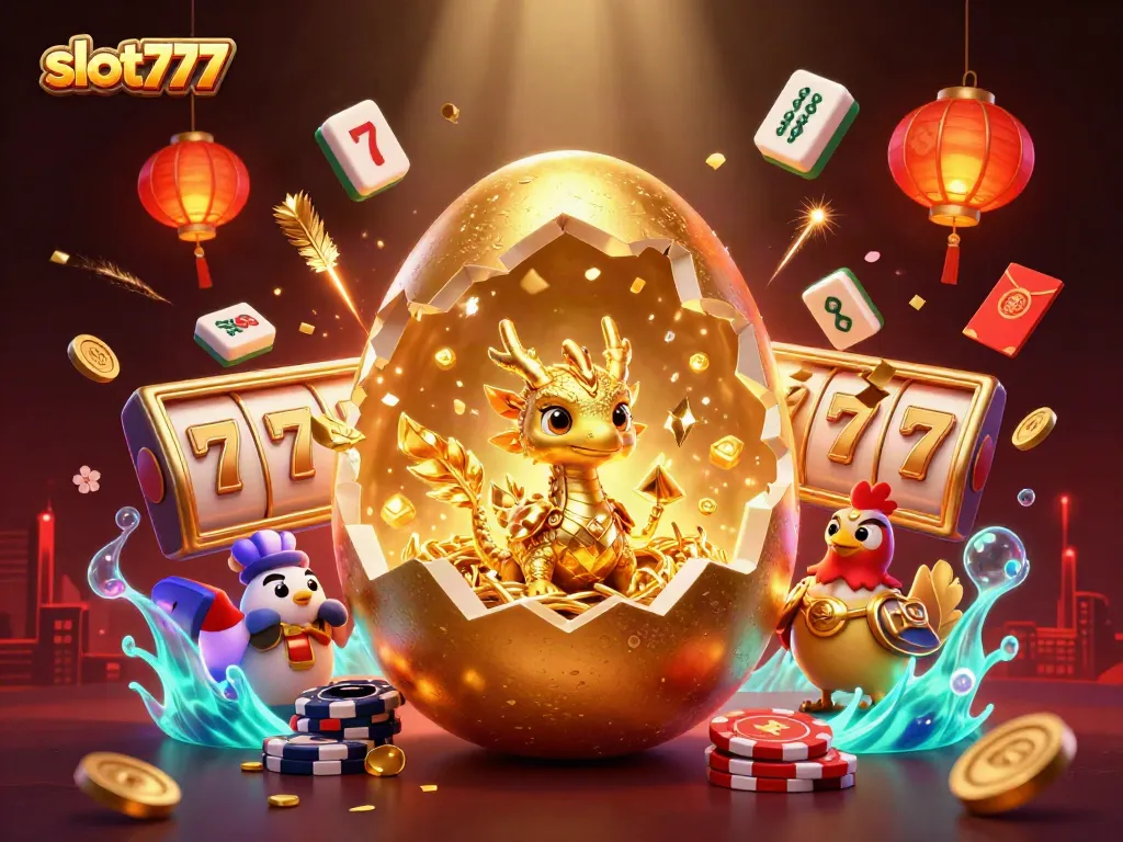 Slot777 menampilkan ilustrasi naga emas yang berasal dari telur, dikelilingi slot yang mengkilap.