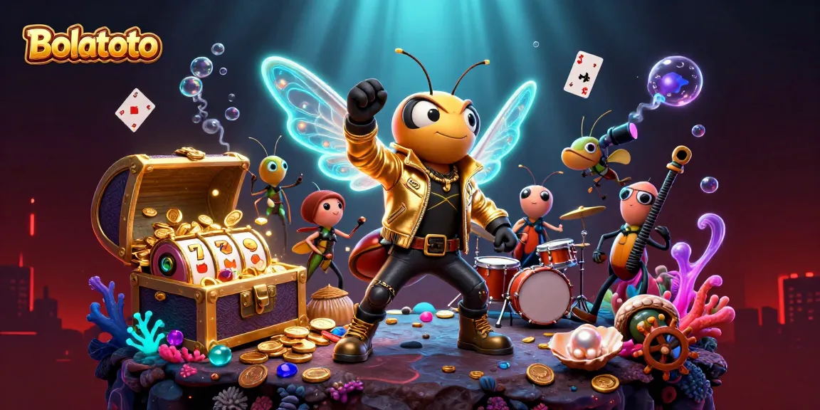Experience the thrill of Bolatoto with a vibrant casino scene featuring a cicada rock star and dynamic gaming elements.