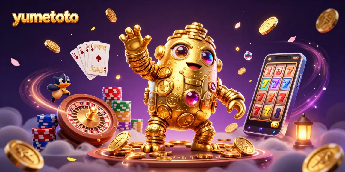 Experience thrill with yumetoto's dynamic 3D casino scene showcasing golden golem and vibrant game elements.