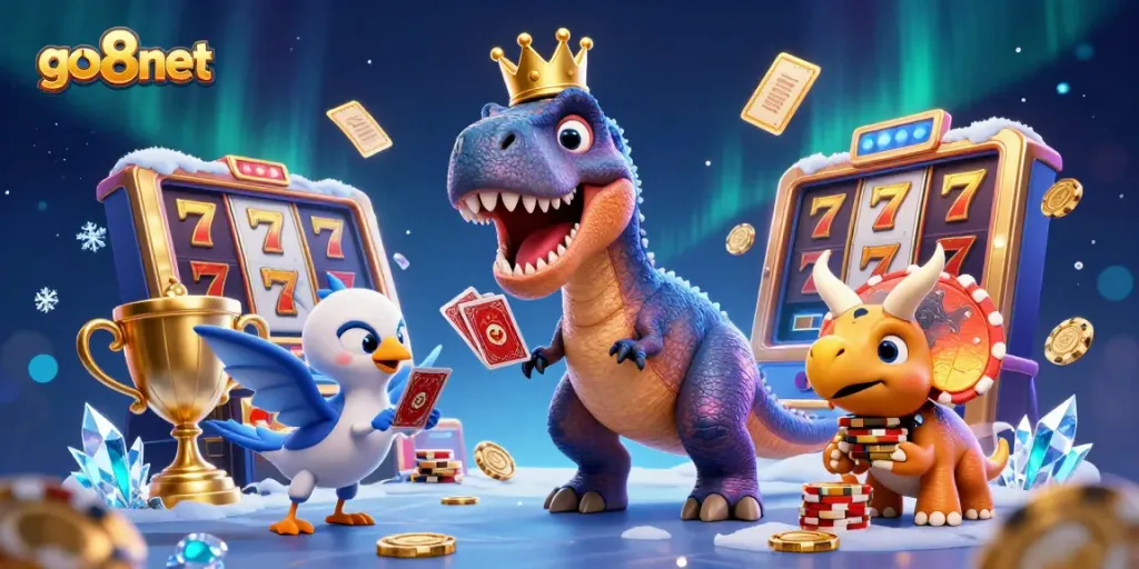 Join go8net's gaming adventure featuring slots, a playful T-Rex, and vibrant casino elements!
