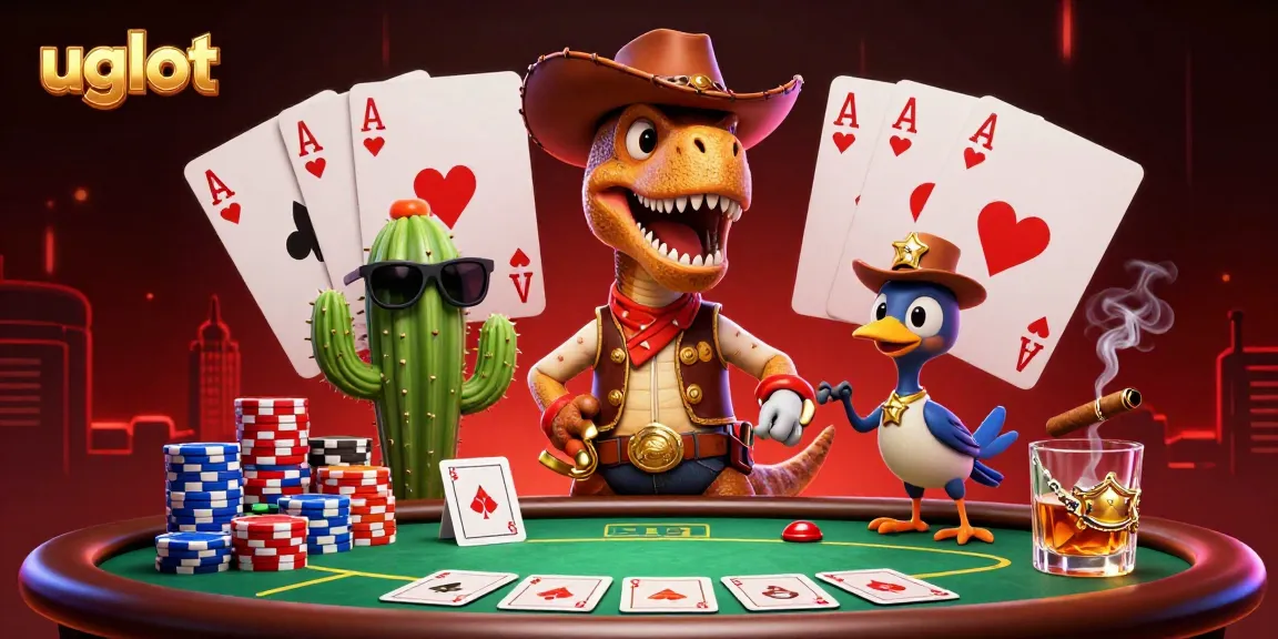 Experience thrilling moments with UGSLOT as a dinosaur cowboy plays at a vibrant casino table.