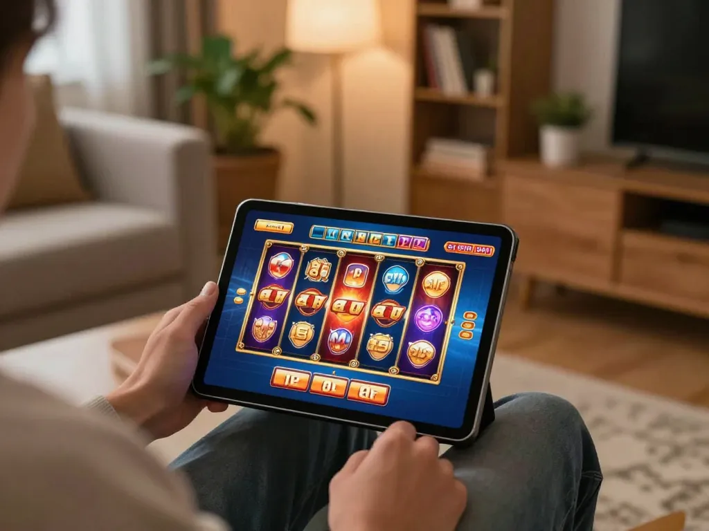 Player enjoying F168 online casino slots on tablet in cozy home setting, emphasizing responsible gaming.