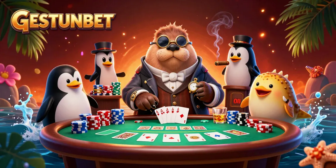 Experience the thrilling underwater poker action at GESTUNBET with a jolly walrus, sophisticated penguin dealer, and a bluffing pufferfish.