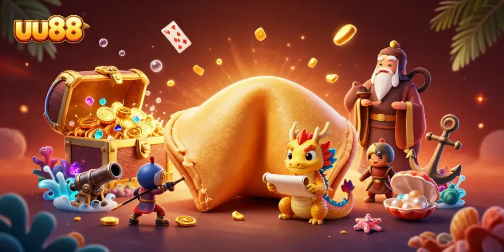 Feel the excitement at uu88 with a vibrant 3D scene showcasing a golden fortune cookie, a wise dragon, and mystical gaming elements.
