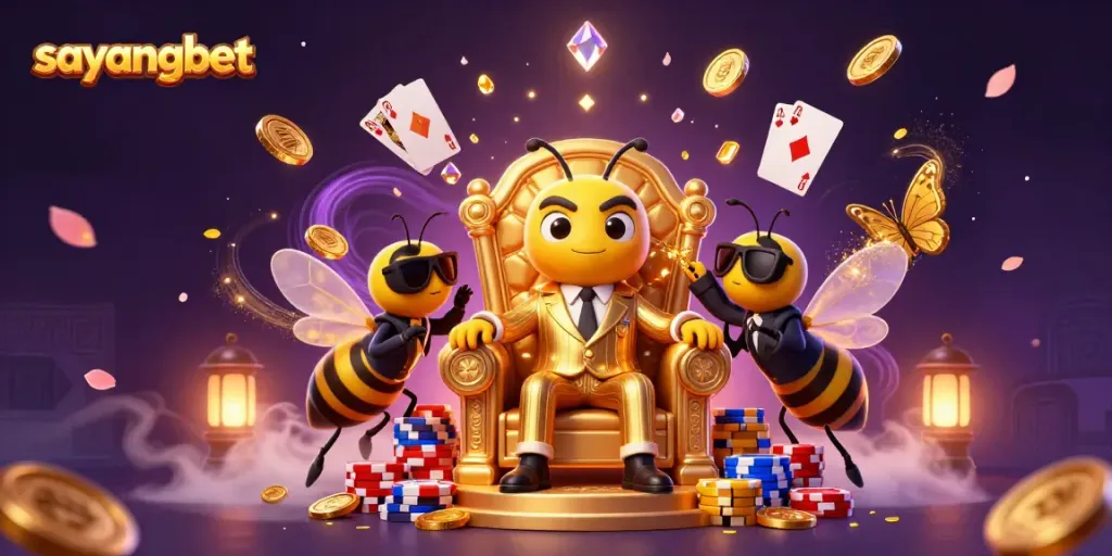 Experience thrilling action at sayangbet with a casino scene of a mob boss and his bodyguards amidst gold coins and slot machines.
