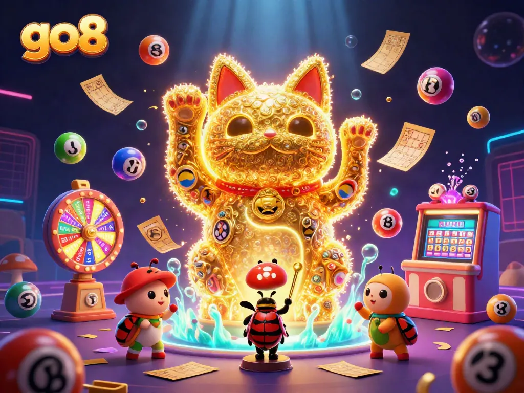 Experience go8's world of luck with vibrant casino elements and a lucky cat in a magical scene.
