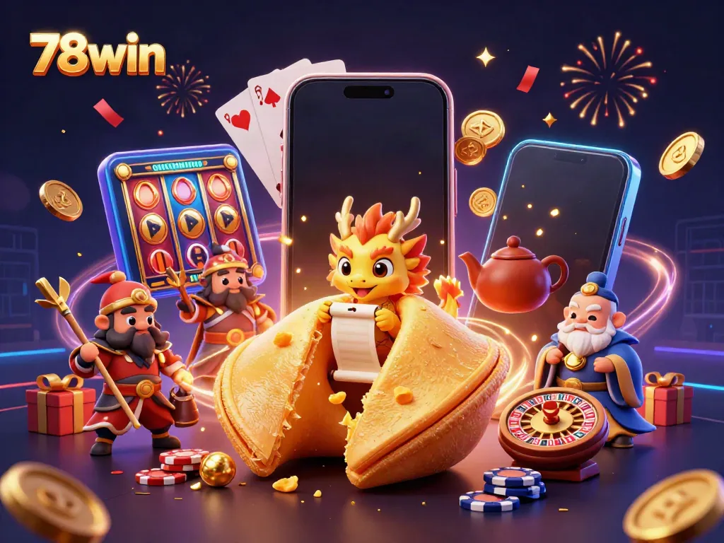 Experience the thrill of 78win's games with a dynamic fortune cookie scene and golden treasures.